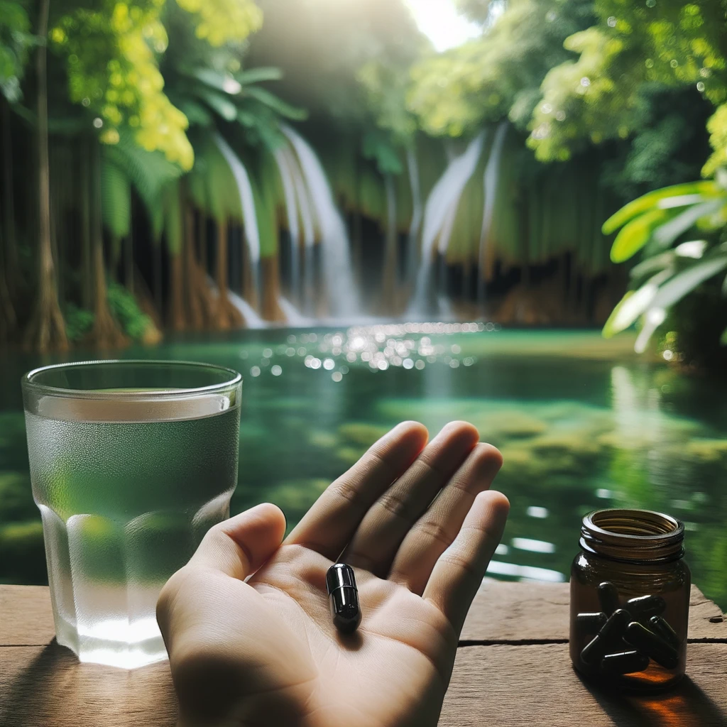 DALL·E 2023-10-15 14.21.03 - Photo of a hand holding a capsule of shilajit with a glass of water on the side and a blurred green nature background